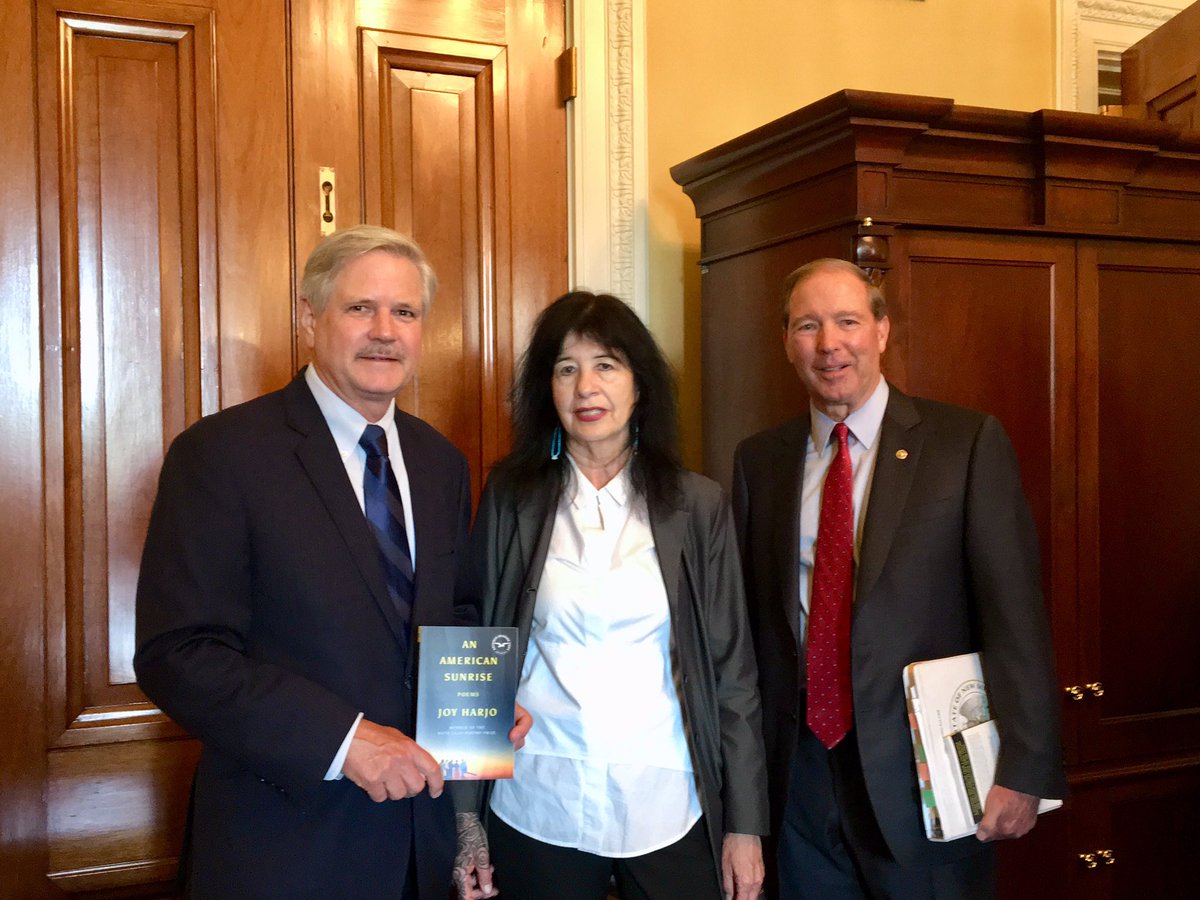 IndianCommittee's tweet image. TODAY: Chairman Hoeven, Vice Chairman Udall, and members of the Committee met with the recently appointed U.S. Poet Laureate, Joy Harjo, a member of the Muscogee Creek Nation and first Native American named to the position.
