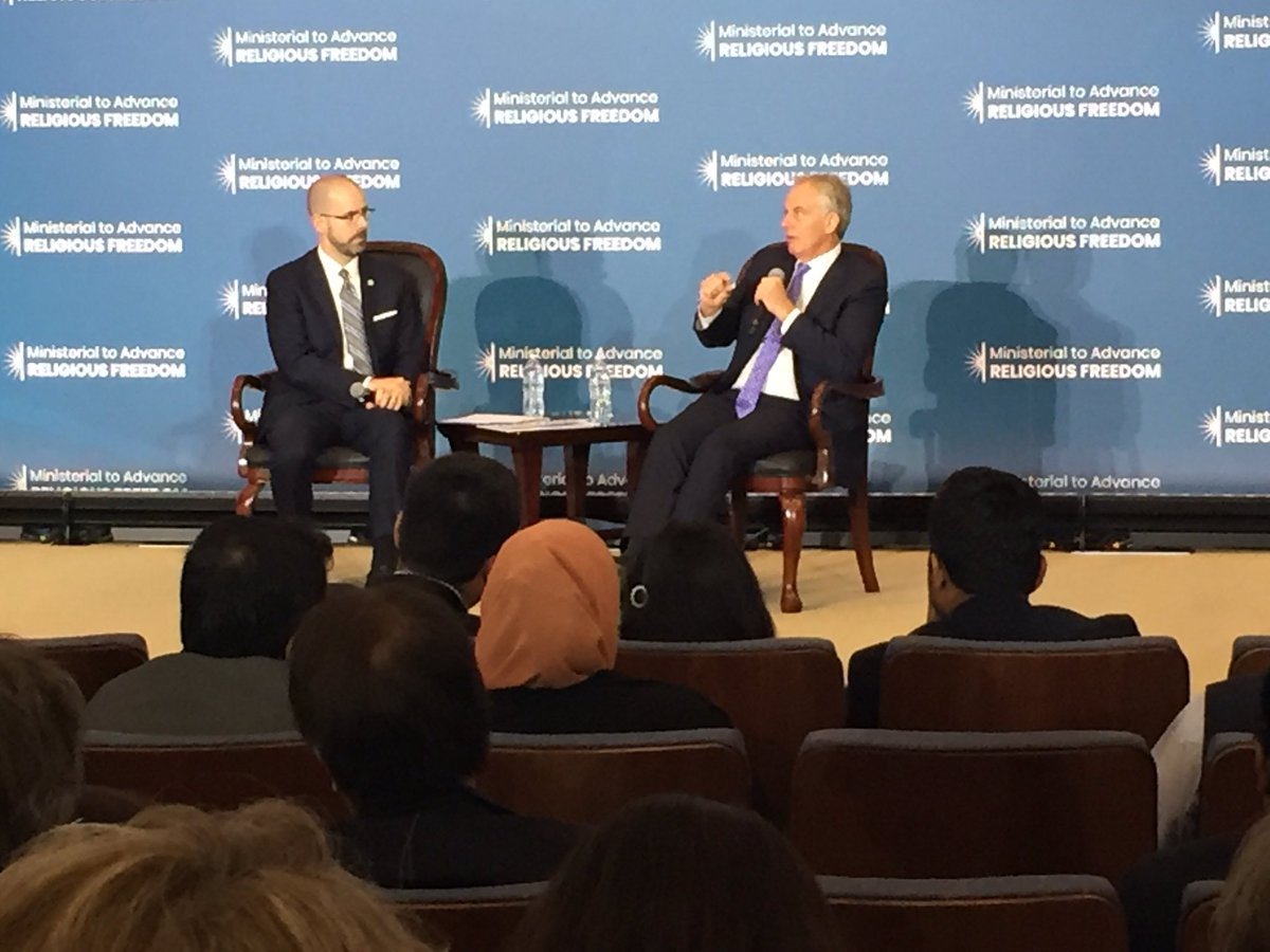 Former UK PM Tony Blair is talking with US State Dept. Special Advisor Knox Thames at the #IRFMinisterial. “Education is a security issue...why are we surprised when there’s terrorism when young people are educated with a narrow view of the world.”