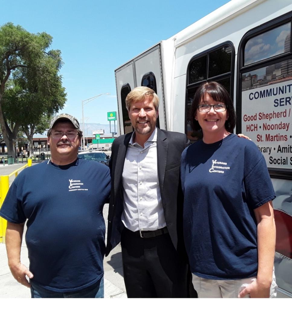 nmvic's tweet photo. Thanks to @MayorKeller for introducing Ron & Robin to officials from Las Cruces & explaining how the Shuttle Service Team helps those most vulnerable in our community. #albuquerque #NewMexico #oneburque #nonprofit https://t.co/N8Go0QQYQd