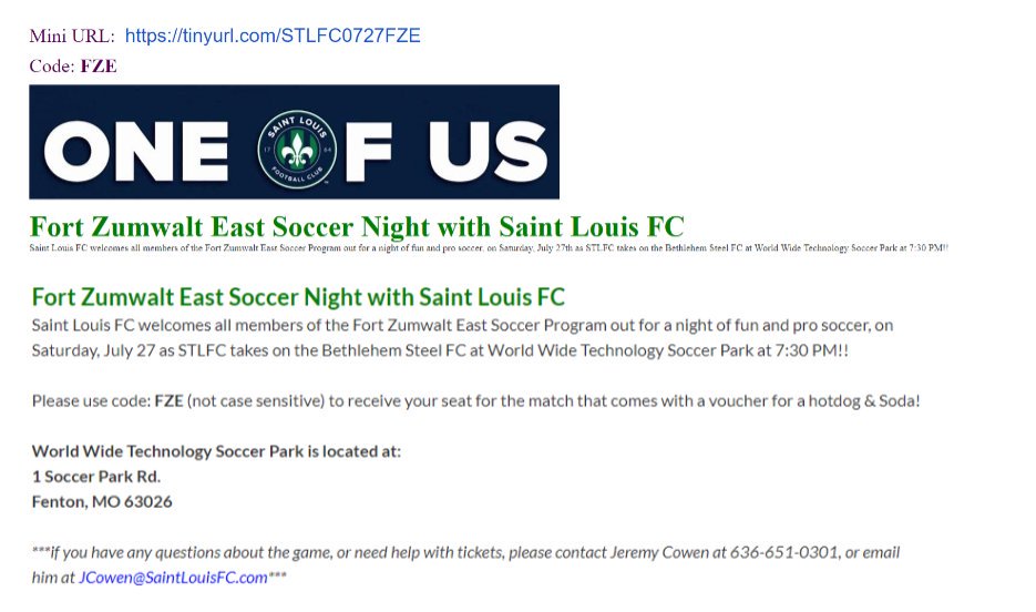 Current players and ALUMNI: Join us on July 27th as <a href="/SaintLouisFC/">Saint Louis FC</a> welcomes the FZE soccer family for their match vs. Bethlehem Steel FC @ 7:30 P.M.

Click the link and enter code FZE for the seating package.

 tinyurl.com/STLFC0727FZE

#getthebandbacktogether