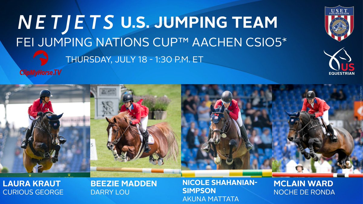 The <a href="/NetJets/">NetJets</a> #USAJumping Team 🇺🇸 will battle 7 nations tomorrow at 1:30 p.m. ET <a href="/CHIO_Aachen/">CHIO Aachen</a>! 

Cheer them on live on clipmyhorse.tv or follow us on Twitter for live updates 🙌