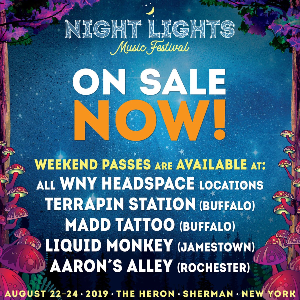 Hey Night Lighters! Grab your tickets now for 2019 from any of our ticket outlet locations and save big $$$ on those pesky online service fees. 

Find out more details about the amazing artists of Night Lights, FAQ's and more at nightlightsfest.com