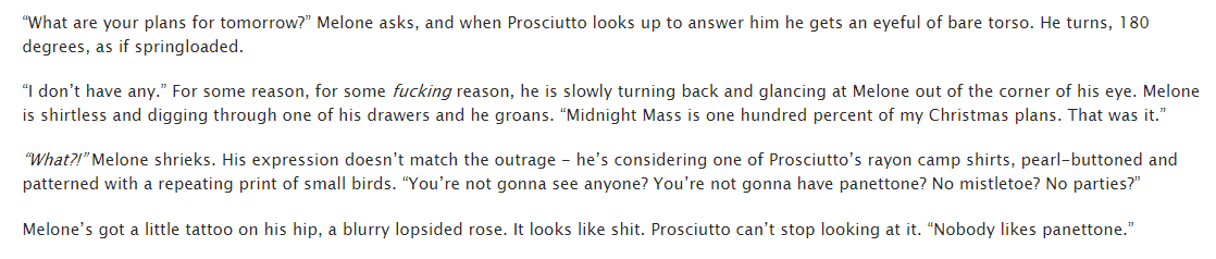 baph0meat's tweet photo. it's christmas in july! read panettone, my prosciutto/melone fic about prying inappropriately into your coworkers' personal lives. (sfw, 6210k) #promelo #melopro https://t.co/OcZu8W80FR https://t.co/zfVKZ6I3Jj