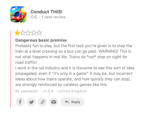 flarup's tweet photo. Warning. This action puzzle game is not a realistic simulation of actual trains and should not serve as the basis of railway education. https://t.co/oAksMdtQpk