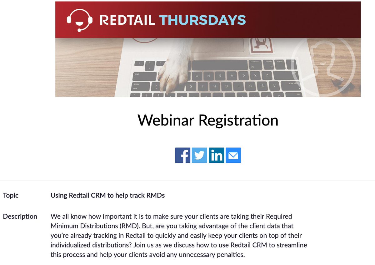 RedtailKT's tweet photo. Who's ready for some tips and tricks on using Redtail to track RMDs? Join us tomorrow at 11 am PST for another Redtail Training Webinar. There is still time to join here: https://t.co/G8R9H0o5SK https://t.co/hYTts15ltu