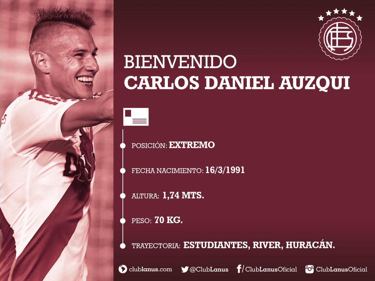#Lanus Llegó el quinto refuerzo!
Carlos "el perro" Auzqui se convirtió en refuerzo granate,llega a préstamo por un año y con opción de compra de  3.000.000 de dólares.
📷 <a href="/clublanus/">Club Lanús</a> 
📻 <a href="/GolDeVestuariOK/">Gol De Vestuario</a>