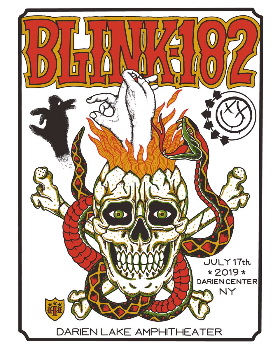 blink182's tweet photo. Darien Center we’re here, locked and loaded. Here’s tonight’s 🤯 poster by @TokyoHiro_SKUNX complete with 💀, 🐍, 🔥 and of course shadow puppets. https://t.co/4dxPnmRgss