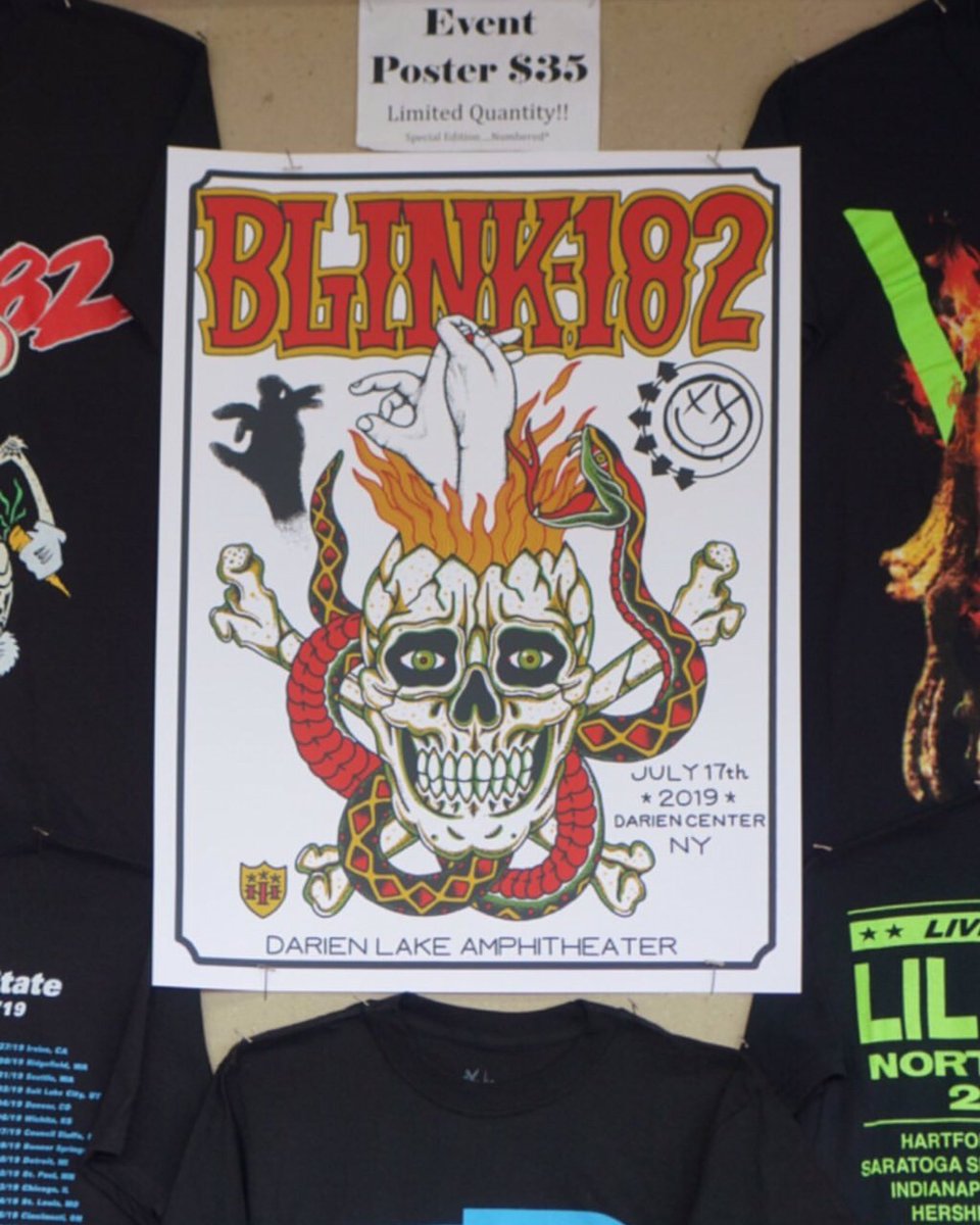 blink182's tweet photo. Darien Center we’re here, locked and loaded. Here’s tonight’s 🤯 poster by @TokyoHiro_SKUNX complete with 💀, 🐍, 🔥 and of course shadow puppets. https://t.co/4dxPnmRgss