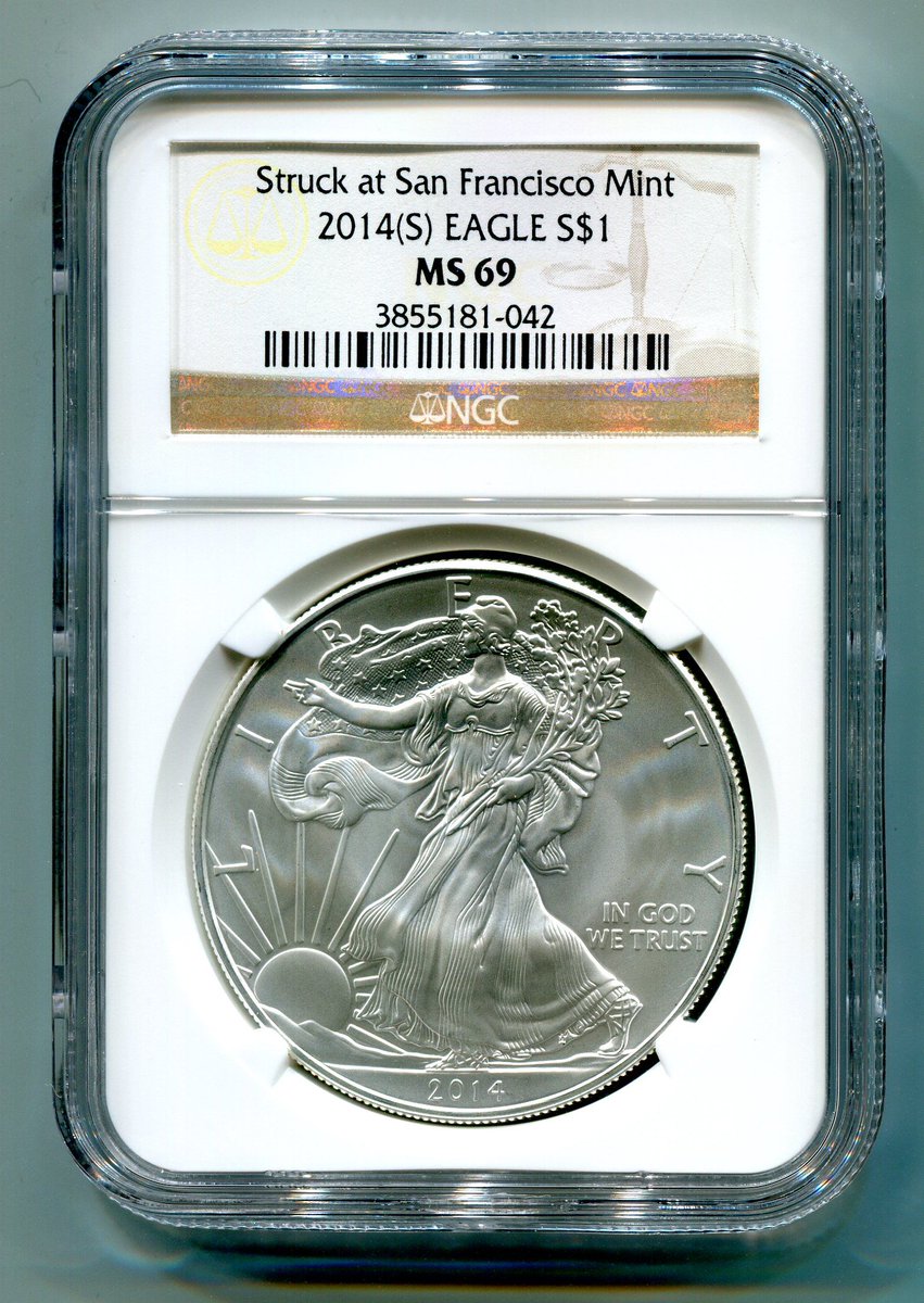 CoinsSince1994's tweet photo. 2014S San Francisco Certified MS-69 American Silver Eagle. 
These beautiful coins are now on sale at only $20!!! 
Call Kenny at (888)655-COIN (2646)or visit us at our Vancouver location on Mill Plain! https://t.co/XklKoIooZ4