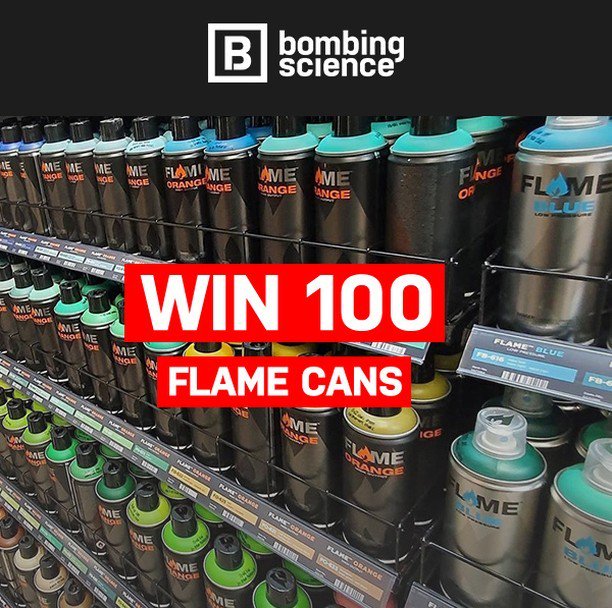 BombingScience's tweet photo. In case you missed the big news, you can WIN 100 cans of Flame Paint! Click the link in our profile to participate (no purchase necessary). Good luck! #100flame #graffiti #graffitisupplies #flamepaint #bombingscience https://t.co/zBZtB3sg5U | https://t.co/Xaz2BLgxAR