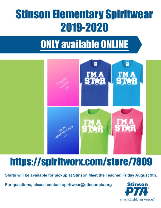 Stinson Spirit Wear shirts will be available ONLINE ONLY thru July 28th at spiritworx.com/store/7809