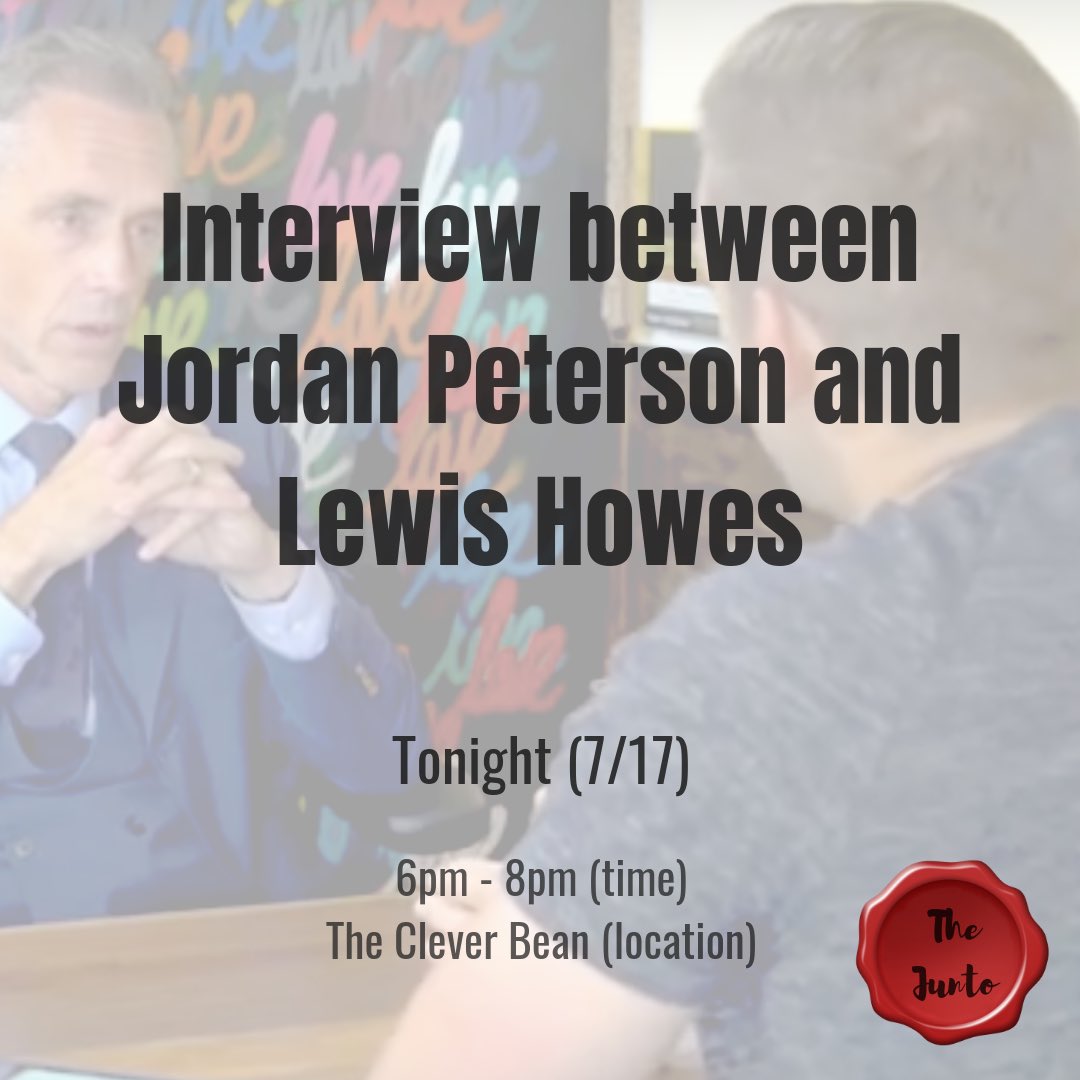 thecleverbean's tweet photo. For #TheJunto tonight, we will be watching an interview between @jordanbpeterson and @LewisHowes, followed by a discussion around mutual self-improvement. https://t.co/lfoe6l71FG