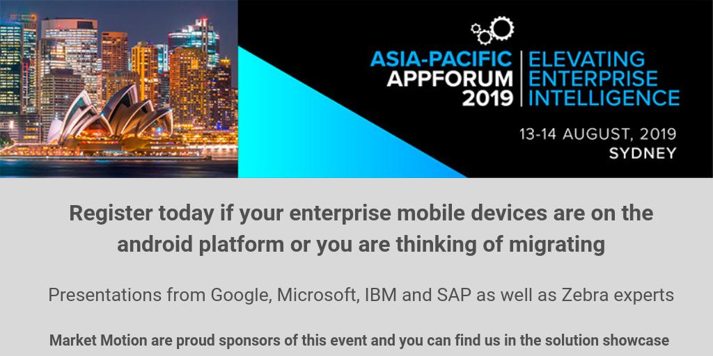 <a href="/MarketMotion_au/">Market Motion</a> customers are invited to register for the <a href="/ZebraTechnology/">Zebra Technologies</a> #Appforum: bit.ly/2Y1p5AR
Sydney August 13-14
#appdevelopment #EnterpriseTech #Android #Transportandlogistics