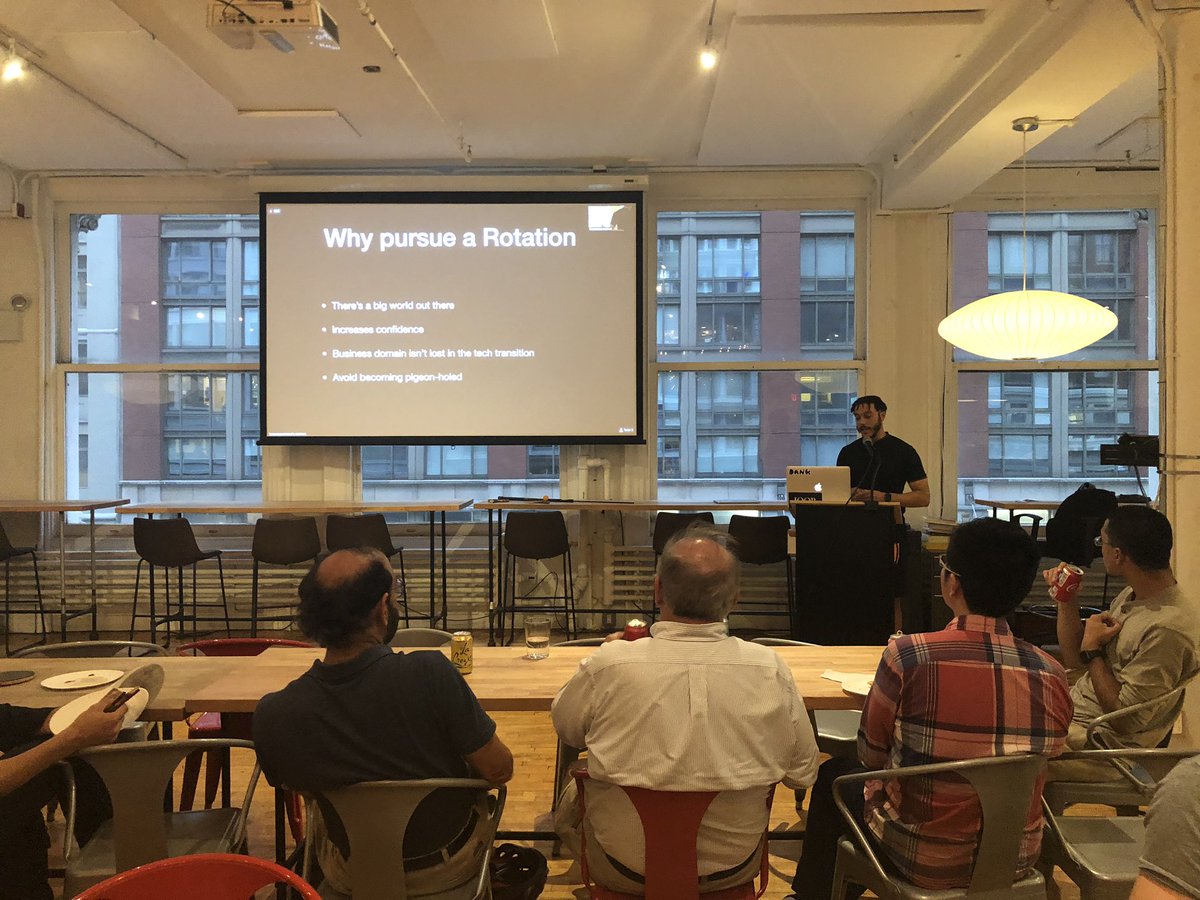 Great talk happening at our event tonight from <a href="/Casanovacane/">realized.</a> on the benefits of rotating development teams at your company and how that makes you a stronger engineer!