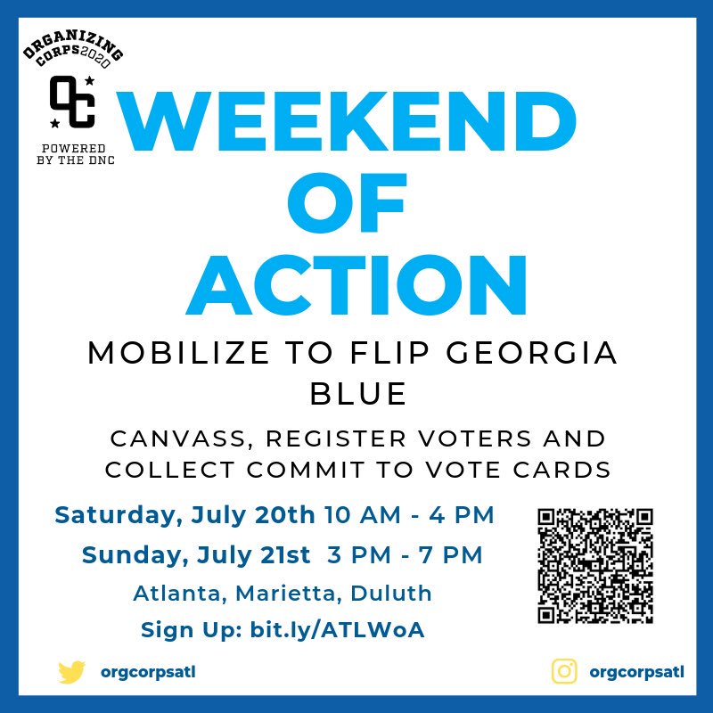 OrgCorpsAtl's tweet photo. Join us this Saturday and Sunday for our Weekend of Action! We’ll be registering voters and knocking on doors as part of our capacity building for the 2020 election! You can sign up at the attached link. 
https://t.co/zkwsvTWtXo https://t.co/eGrbXWXigJ