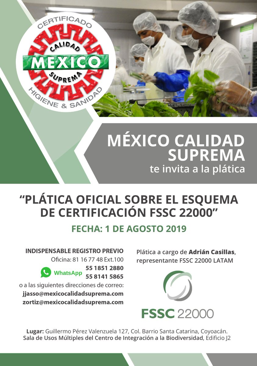 México Calidad Suprema te invita a participar en la "Plática Oficial sobre el Esquema de Certificación FSSC 22000"que se llevará a cabo el 1 de agosto de 2019.

Informes: 8116 7748 Ext. 100 / jjasso@mexicocalidadsuprema.com / zortiz@mexicocalidadsuprema.com

¡No faltes!