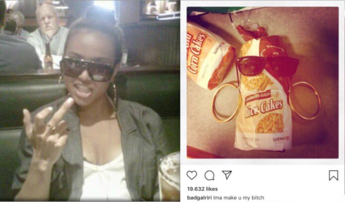 It doesn't just stop at that, it even goes as far as blatant racism. As soon as Chris Brown got a half Vietnamese gf she instantly felt threatened and decided to put the pic on the right on instagram. She dressed a bag of rice cakes up to look like Karrueche and put that caption.