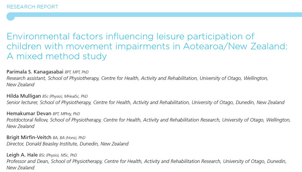HemDevan's tweet image. How to improve leisure environments for children with movement impairments in Aotearoa/New Zealand? Key findings and recommendations from #mixedmethod study in @NZ_J_Physio. Full article here doi.org/10.15619/NZJP/… #openaccess #leisureparticipation #advocacy