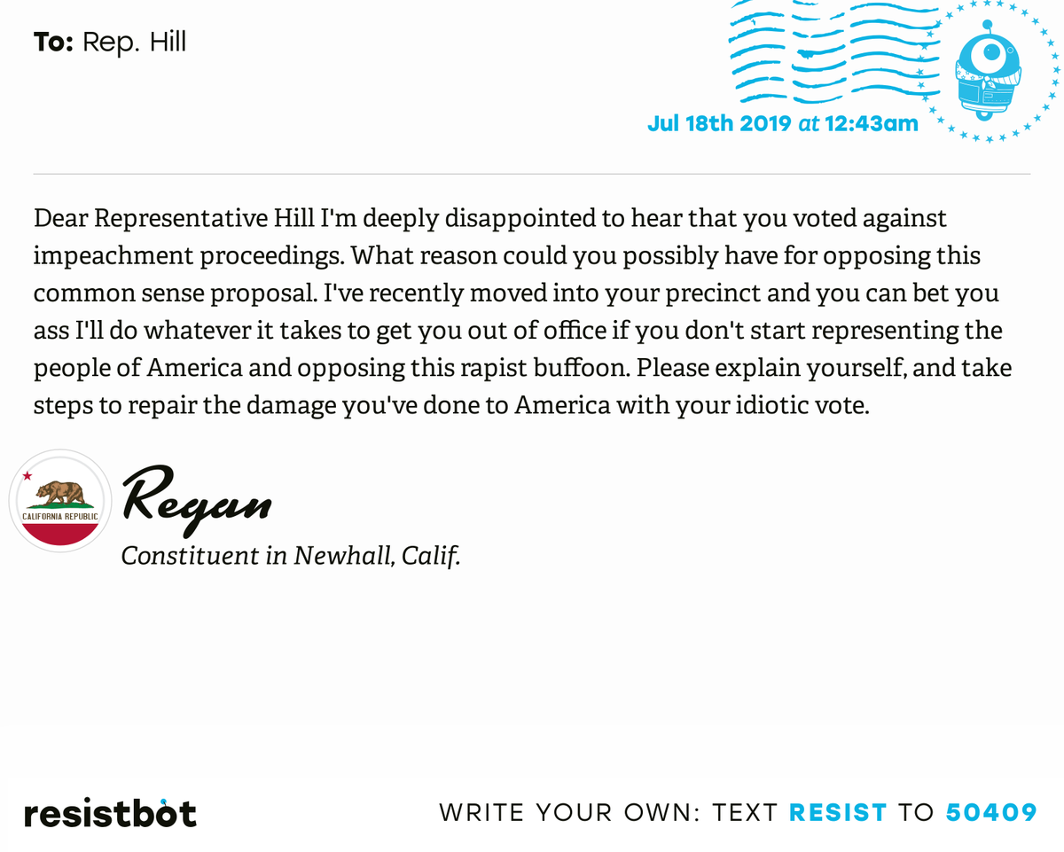 openletterbot's tweet photo. I just delivered this letter from Regan in Newhall, Calif. to @RepKatieHill #CApols #CApolitics #Impeach https://t.co/ATh0P6giJn