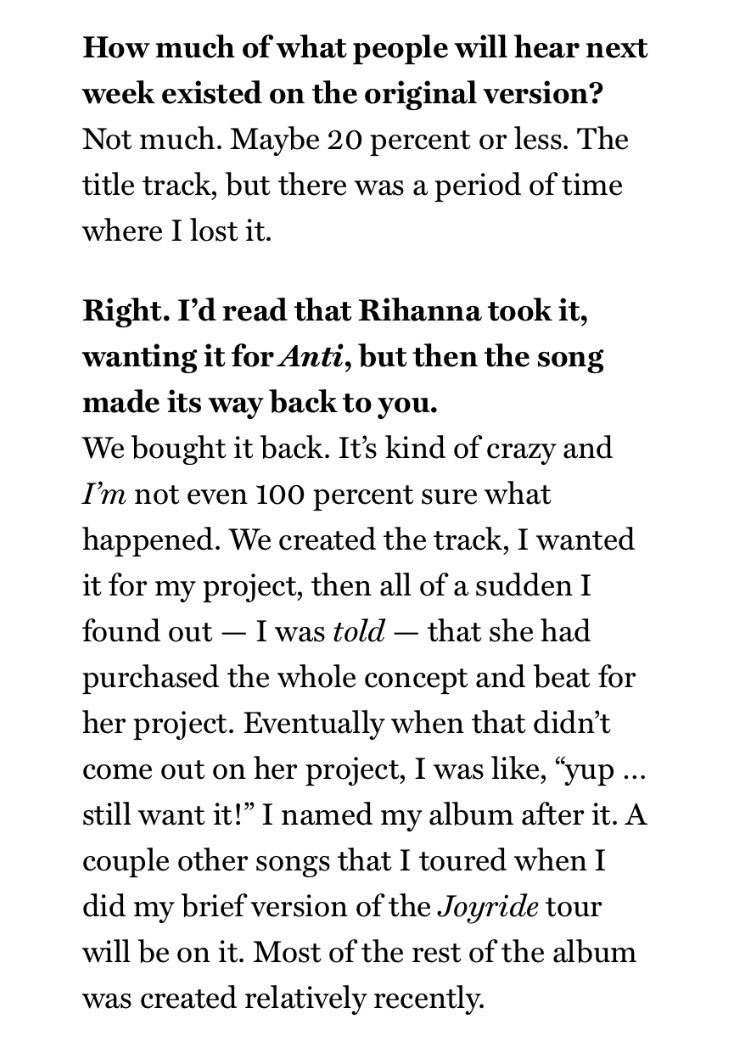 She wanted to do the same to Tinashe and her track "Joyride", to the point where Tinashe had to buy her own song back. It truly is disgusting how much she abuses her power. Both Tinashe and SZA created their album around those specific songs, she has no respect for artists.
