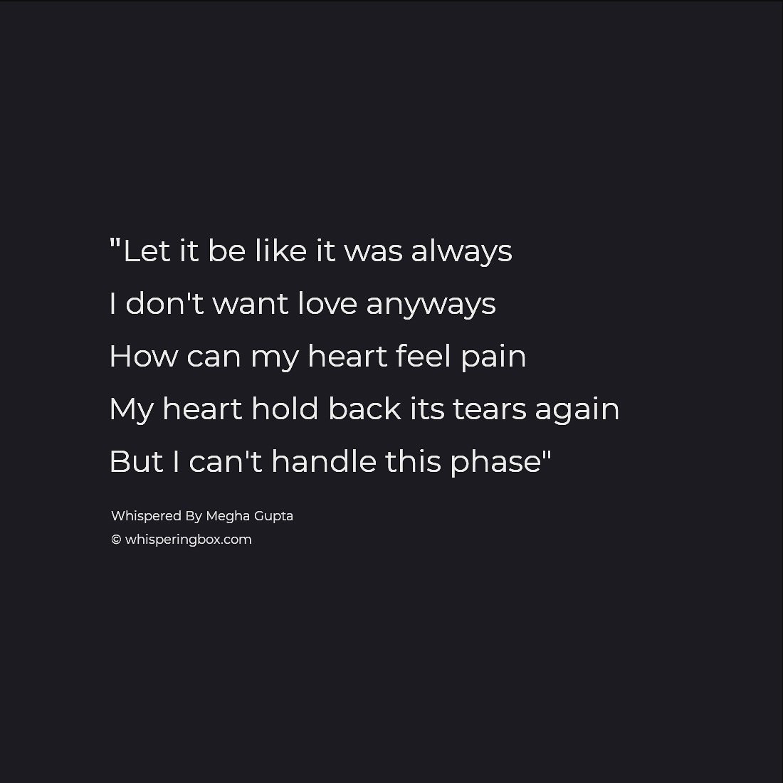 whispering_box's tweet photo. can you? 💔
-
follow @whisperingbox -
write anonymously by downloading whispering box app today
-
#whisperingbox #wb #writerscommunity #writeanonymously #wordporn #poetry https://t.co/TGUheNo58m