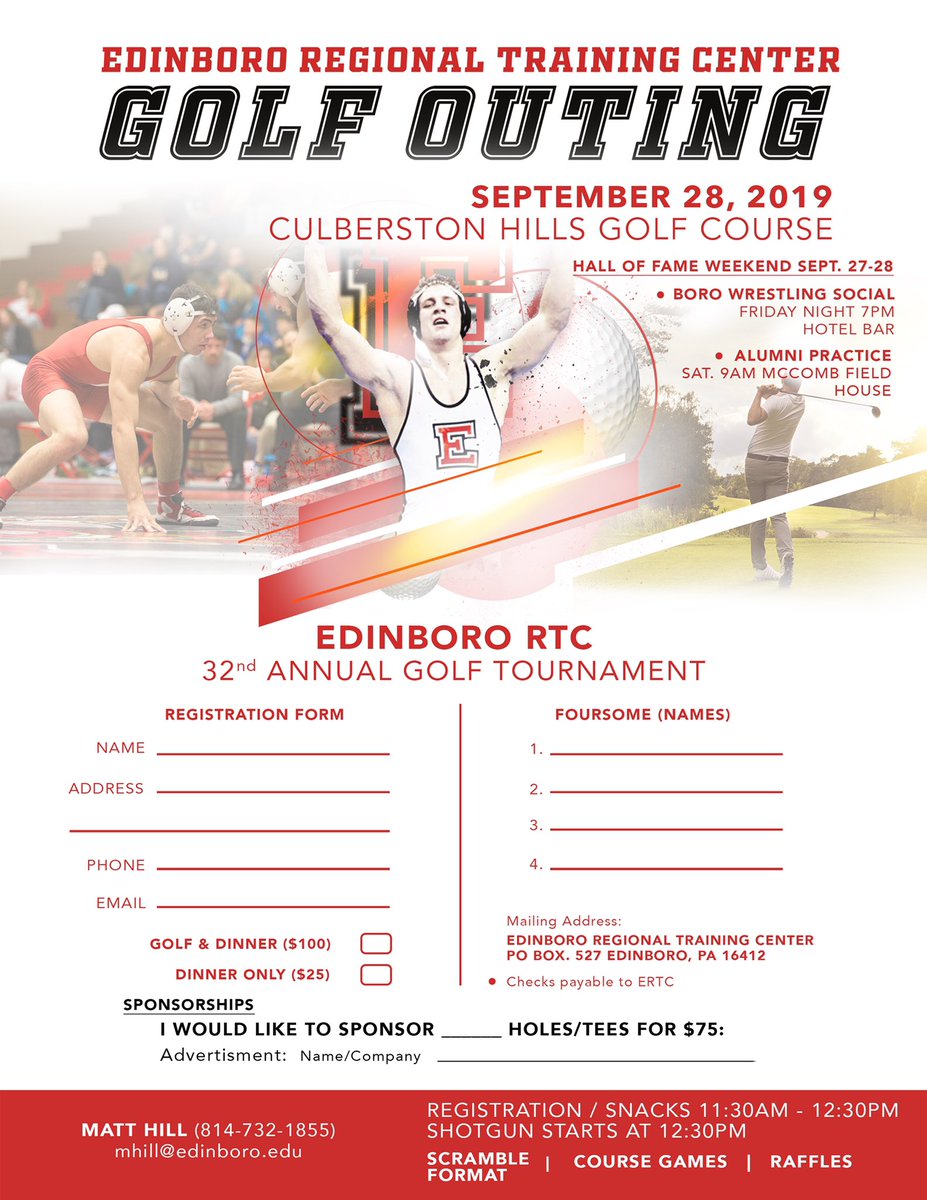 EdinboroRtc's tweet photo. Get your foursomes together.

📍Culbertson Hills 
📅September 28th 
⏰12:30PM

#BoroBuilt #ERTC 
@BoroWrestling1 https://t.co/gvE3Uu2v3s