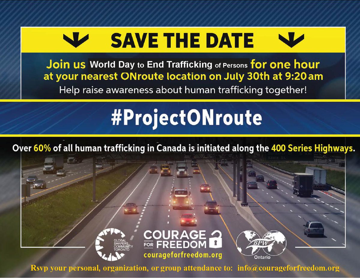KellyTFranklin's tweet image. 🚨 SAVE THE DATE 🚨

#ProjectONroute is right around the corner! Join us on July 30th at 9:20 AM at your local ONRoute to help bring awareness to human trafficking!

Let us know you're coming by RSVPing here: courageforfreedom.org/contact/onrout…