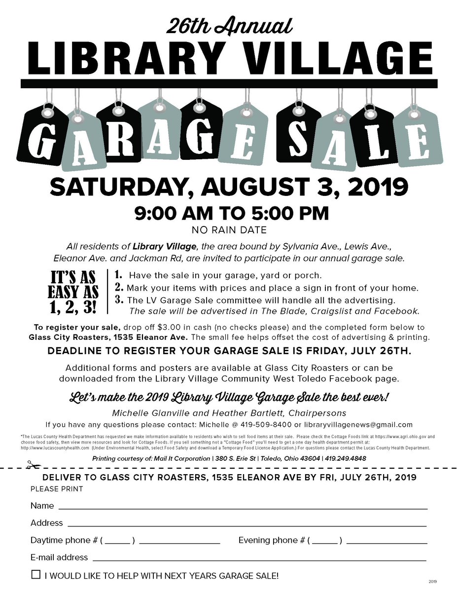 Just a reminder that the registration deadline to have your sale included in the ad in the Blade, Craigalist and Facebook is Friday July 26. Drop your registration off at Glass City Roasters, 1535 Eleanor.