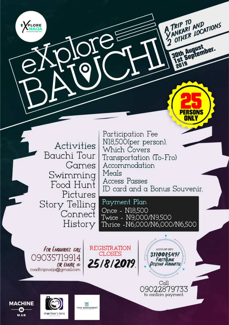 explore9ja_'s tweet photo. The World is a Book, and those who don't Travel read only the page. 

Join #ExploreNaija and Tour adventurously around Nigeria. 
Date: 30th August - 1st Sept. 2019
Locations: Yankariand 2 other locations. 

Travel Criteria: 25 Persons Only &amp; N18,500 payment Call +2349035719914 https://t.co/slqlLfGl3R