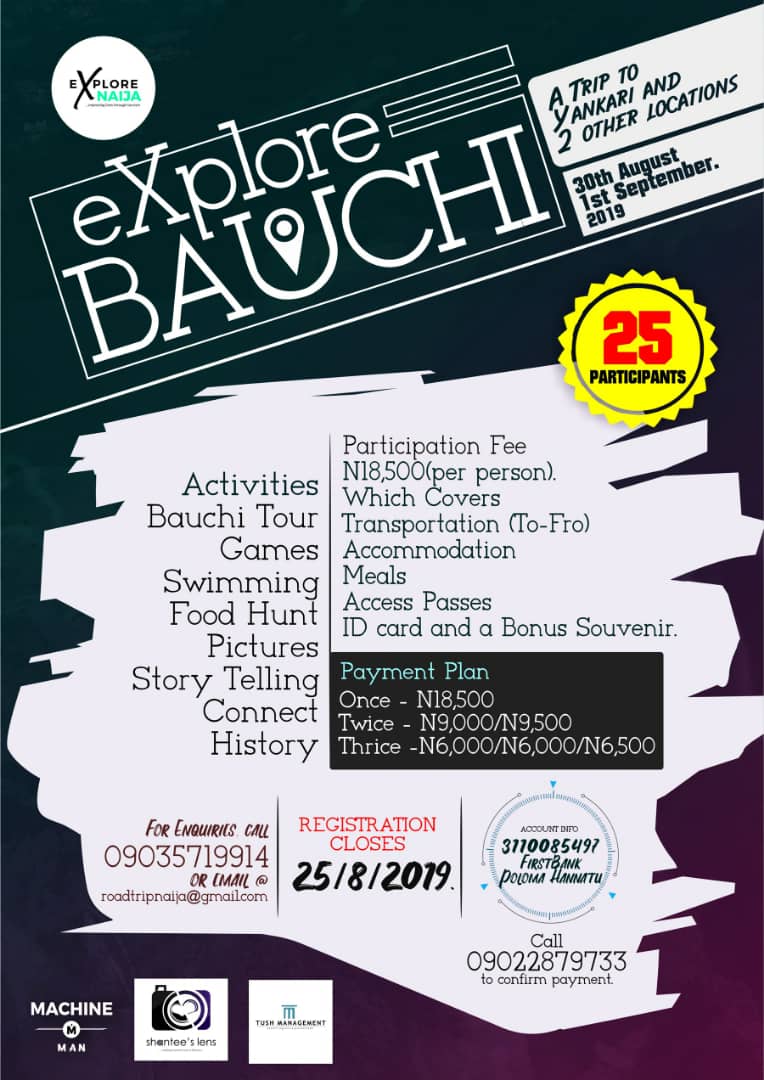 freezle_'s tweet photo. Why Not Travel ? 

Join @NaijaExplore and Tour adventurously around Nigeria.
Date: 30th August - 1st September 2019
Locations to visit: #Yankari and 2 other locations. 
Travel Criteria: 25 Persons Only &amp; N18,500 payment.
For Enquiries/Registration Call +234903571991
#ExploreNaija https://t.co/phHYs0fLOY