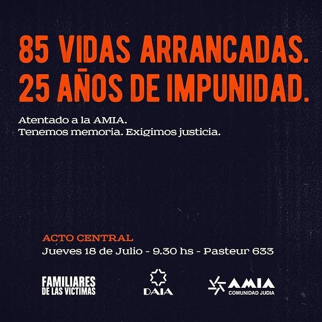 melamedale's tweet photo. 18 de Julio, 1 año más de impunidad del atentado a #AMIA25años, el más atroz en la Argentina.  Mantengamos el reclamo de justicia, honremos a cada una de las víctimas. 18-7, a las 9:53, hagámonos todos un espacio para recordar y exigir. 
https://t.co/iHSDVu6a5N https://t.co/sTEPpKd3Ai