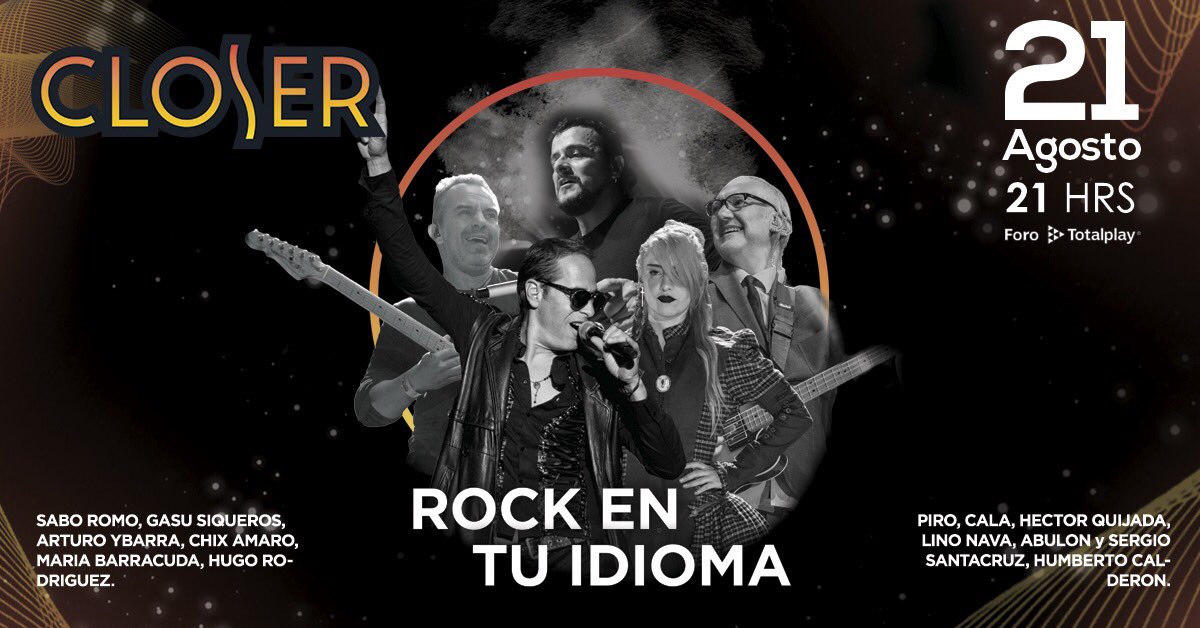 ¿Estás listo para un poquito de rock?
Rock En Tu Idioma se estará presentando en Closer y te queremos ver ahí 🎸 
Asegúrate de tener lugar para el mejor concierto de tu vida 💥 
Boletos en TicketMaster : bit.ly/2YZ9wXm
Ó en la taquilla de <a href="/Foro_Totalplay/">Foro Totalplay</a> #AsiOMasCloser