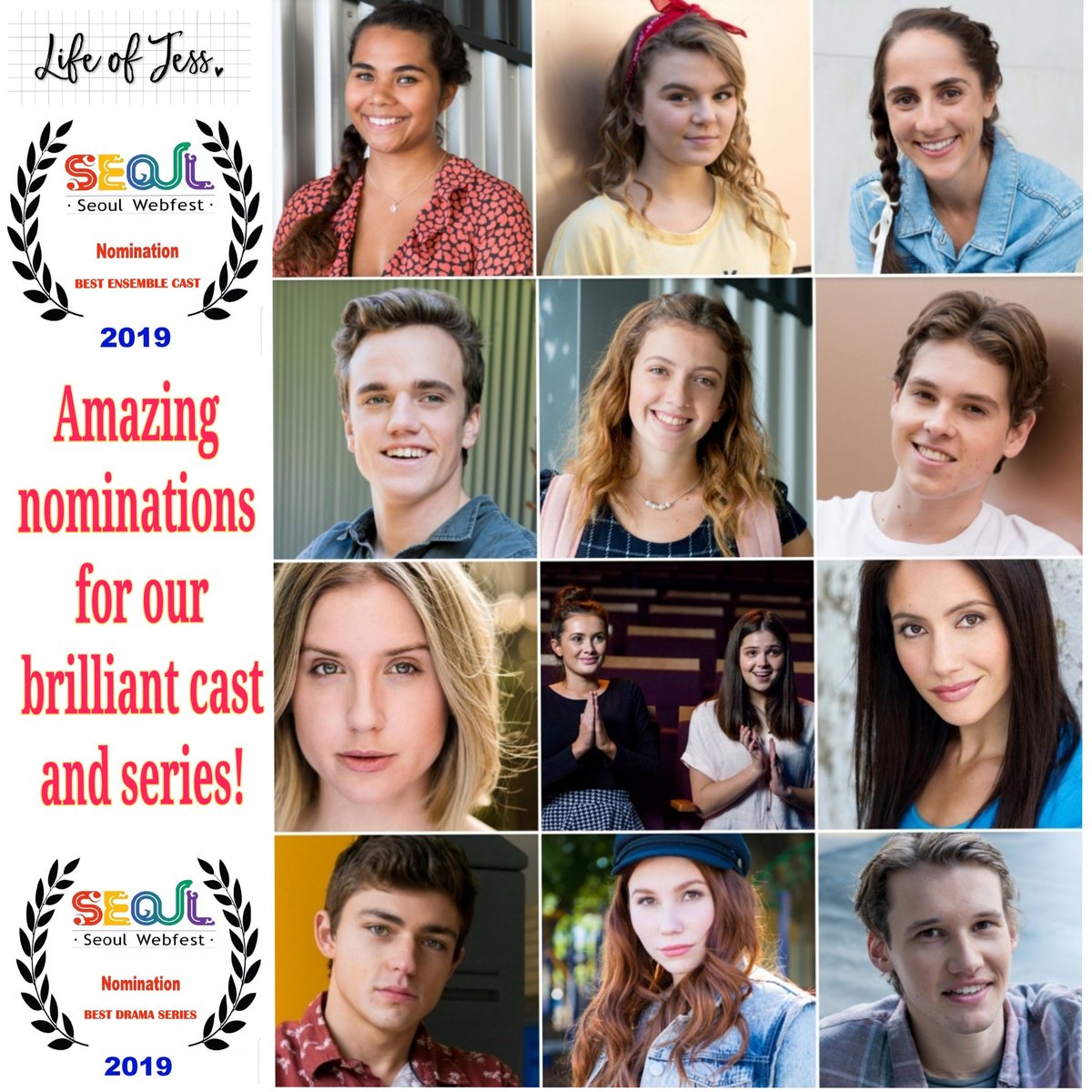 laura_clelland's tweet photo. Wonderful accolade for our fantastic cast picking up a nomination BEST ENSEMBLE CAST at Seoul Web Fest @Kwebfest &amp; nomination for BEST DRAMA SERIES! We are so proud of the talent on show in @LifeofJessTV &amp; hope you love these characters as much as we do! #dramaseries #highschool https://t.co/mdvGL95LSb