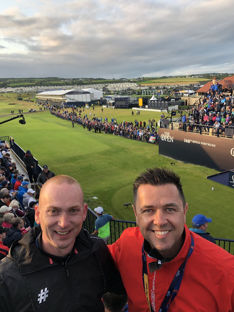 PeteSnodden's tweet photo. A bit bleary eyed but we made for the first tee shot. C’mon @DarrenClarke60 #TheOpen https://t.co/yeaWOyTUA4