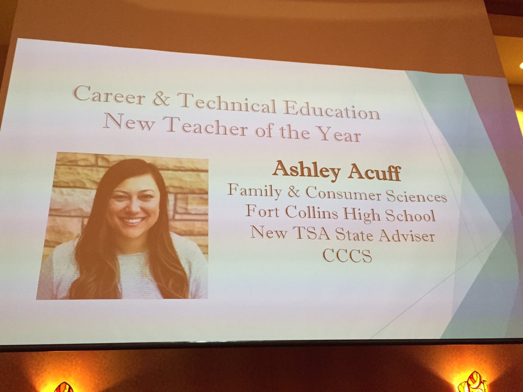 ColoradoACTE's tweet photo. Congratulations to CACTE New Teacher of the Year, Ashley Acuff!  She is a rising star, transitioning from FCS teacher to TSA State Adviser.  Can’t wait to see where you go from here, Ashley! 😄👏🏼🏆🎉 #cotsa #cacte19 https://t.co/K8zuG8ktSm