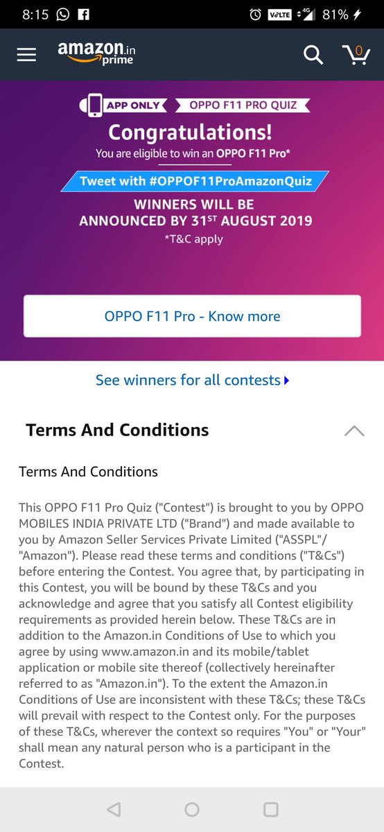 singhania6's tweet photo. #OPPOF11PROAmazonQuiz
Completed todays quiz
@amazon 
@singhania6 https://t.co/Pft2H0yaUZ