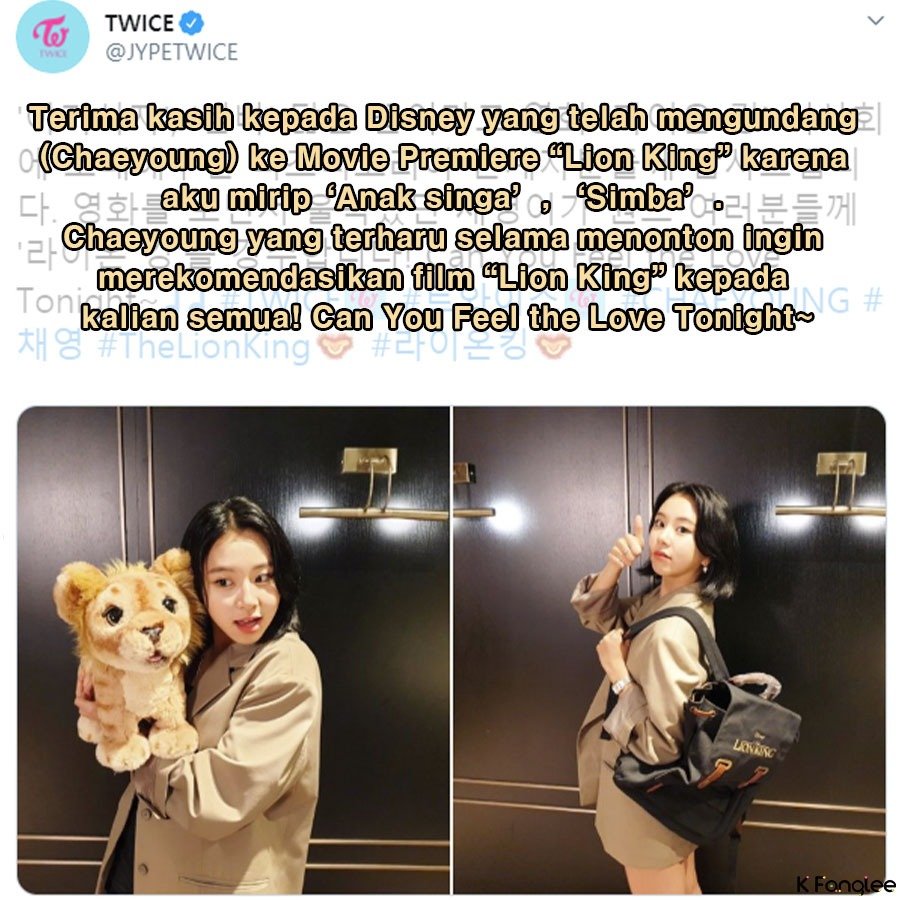 k_fanglee's tweet photo. ‼️Mirip Simba, Chaeyoung TWICE diundang ke Premiere ‘Lion King’‼️

Lihat foto👉https://t.co/yL2qhNEY6e

#twice #twiceindonesia #onceindonesia #chaeyoung #kfanglee_twice #faktatwice #fyikorea_twice #infokpop #infotwice #wowfaktakpop #wowfaktatwice #twicechaeyoung #chaeyoungtwice https://t.co/LEG80zbIKS