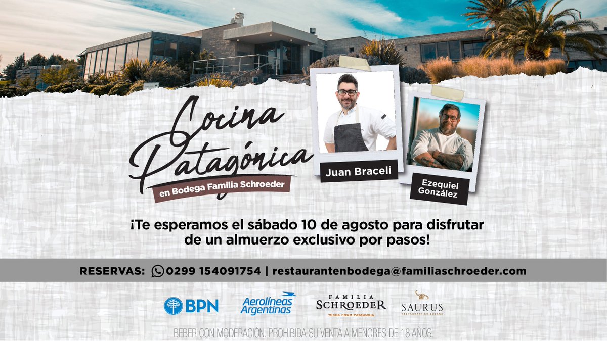 Saurus Restaurant en Bodega y Banco Provincia de Neuquén te invitan a un nuevo ciclo de Cocina Patagónica.
RESERVAS: 0299 154 09 1754 restaurantenbodega@familiaschroeder.com
#BodegaFamiliaSchroeder #SaurusRestaurant #CocinaPatagonica #Patagonia #Wine #VinoArgentino #Gastronomia