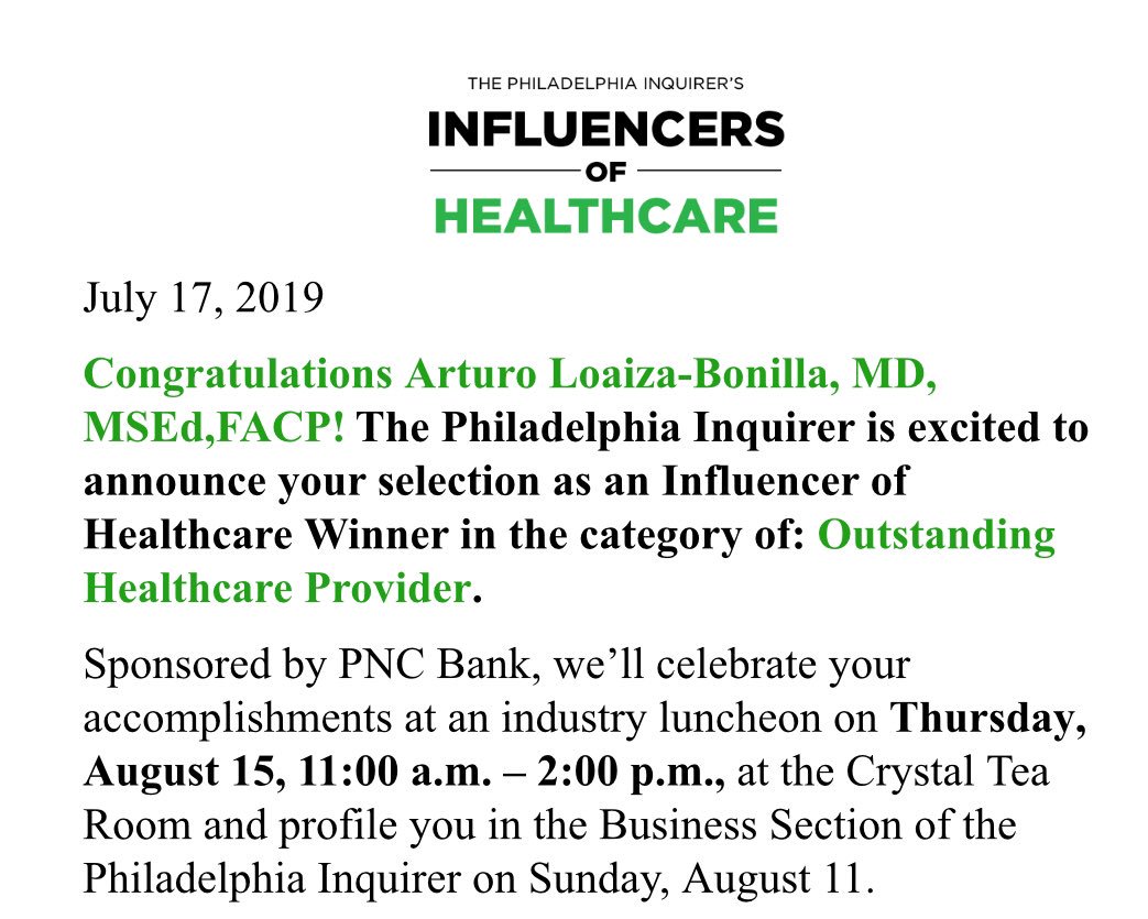 DrArturoAI's tweet photo. Honored to receive the wonderful news of being selected by @PhillyInquirer as winner of 2019 Influencer of Healthcare Awards!! A reflection of our team effort at @CancerCenter and the many patients we have the privilege to serve!! #InquirerEvents #InfluencersOfHealthcareAwards https://t.co/0r2bSOHSgJ