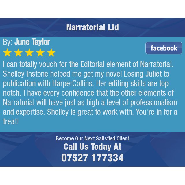 NarratorialL's tweet photo. 5 Star: June T. "I can totally vouch for the Editorial element of Narratorial.  Shelley Instone helped me get my..." https://t.co/x8xRH0Uk44 https://t.co/LR8to77nAN