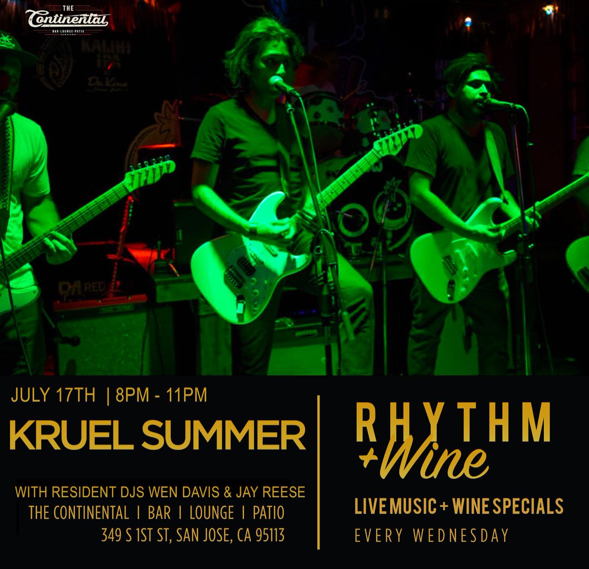 Continental_Bar's tweet photo. Tonight! #RHYTHMANDWINE with indie rock reggae band @KRUEL_SUMMER providing chill, sing along Summer vibes from 8-11pm. Resident DJs @jayreesejubera @wendavis on the decks until close. Unwind with us! 🍷🎶 https://t.co/geGVbO4v2q