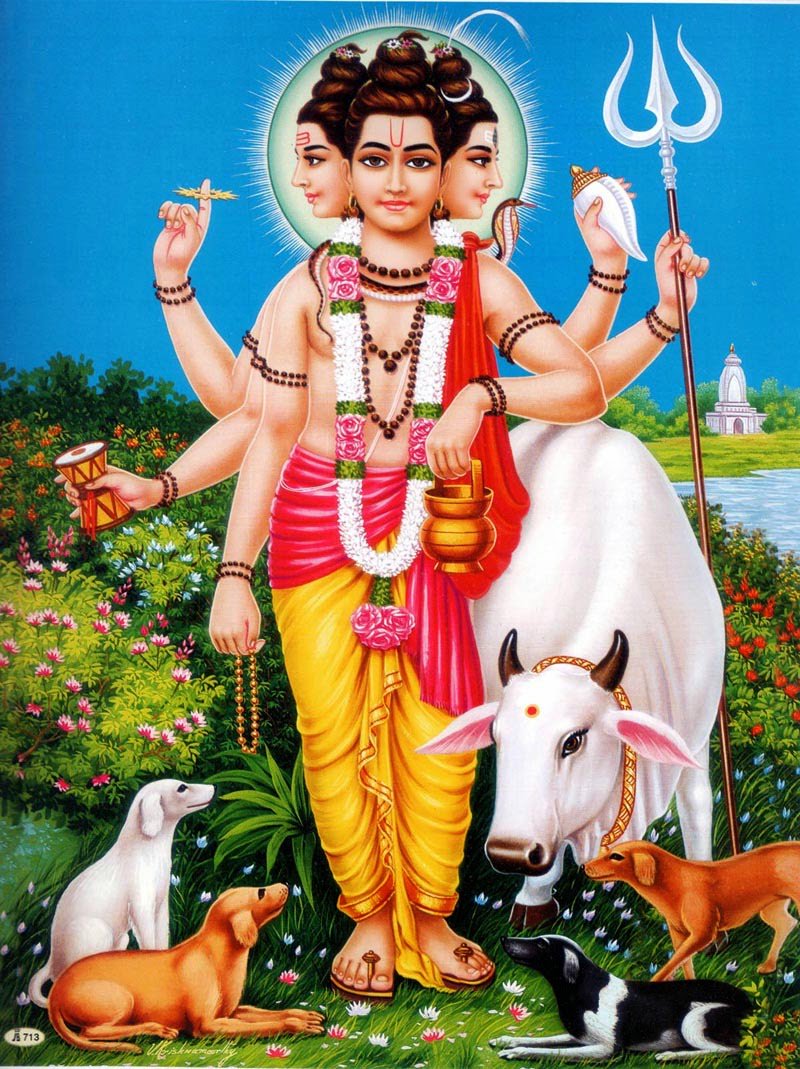5/nShree Dattatreya is the AdiGuru or the Guru of all GurusHe is pure consciousness & is in the state of perfect equilibriumAt his feet are 4 shwaan/dogs denoting his control over :WantLust/DesireJealousyGreedThey also represent the 4 Vedas/4 Yugas/4 States of Existence