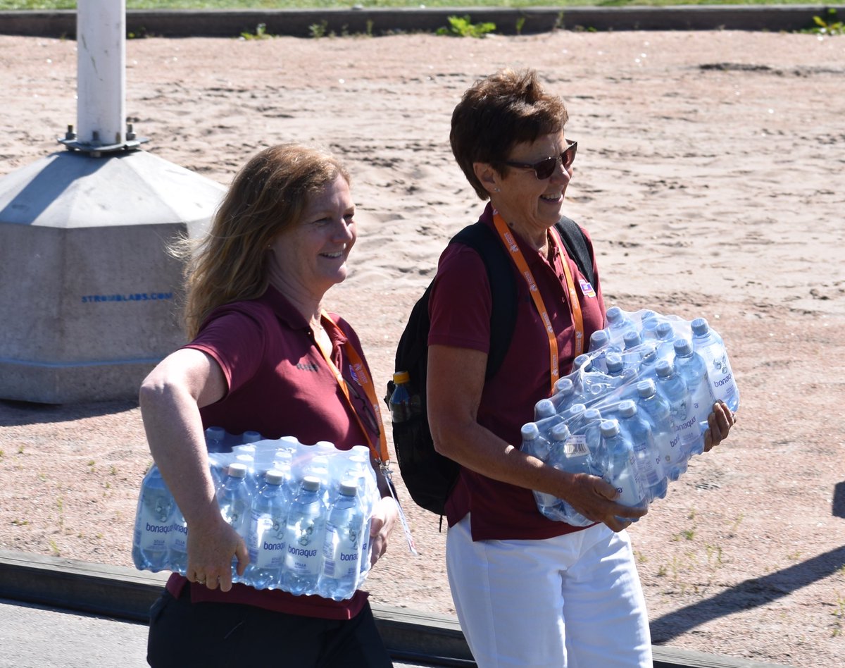No task is to small at ⁦<a href="/boras2019/">boras2019</a>⁩ LOC President Karin Lundgren make sure that the Photo Finish staff have water enough. It is needed since it is very warm at Ryavallen.