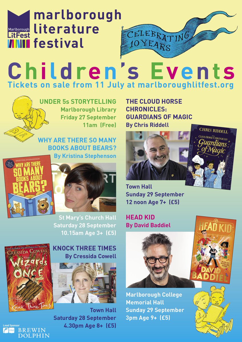 MarlbLitFest's tweet photo. As the school holidays approach (thanks to the hardworking #teachers needing a break!) check out our Sept #childrens lineup: (@CressidaCowell sold out) @chrisriddell50 @baddiel @SirStinkySocks Tickets £5: https://t.co/I2JvgJe850 @whitehorsebooks Tel: 0333 666 3366 #MLF2019 #10yrs https://t.co/LFzXL2k9rD