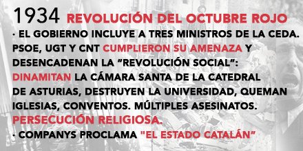 En 1934, tras la victoria de la dcha. en el 33, se incluye a 3 ministros de la CEDA.PSOE, UGT y CNT no aceptan la derrota y desencadenan la Revolución de Octubre. Acabaron con la Universidad de Oviedo por burguesa y con la Catedral (cámara santa hoy Patrimonio UNESCO) #18deJulio