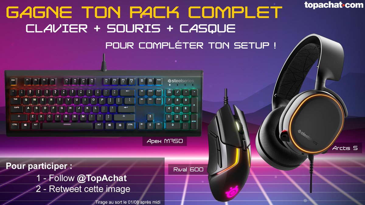 TopAchat's tweet image. 🎁 #Concours 🎁
Gagne ton pack complet clavier + souris + casque pour compléter ton setup !

Pour participer :
✅ Follow @TopAchat
✅ RT ce tweet

Lots : topachat.com/pages/configom…

Tirage au sort le 01/08 après-midi !