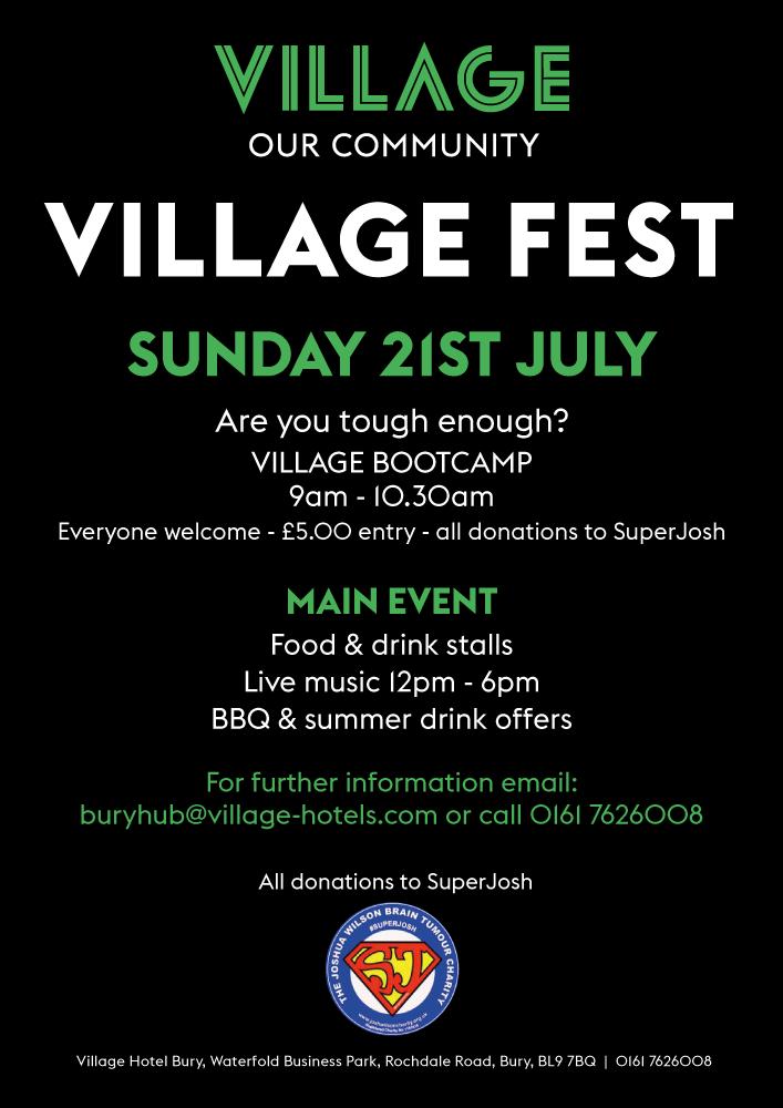 We can't wait for #VillageFest in aid of <a href="/SuperJCharity/">#SuperJoshCharity</a> this Sunday <a href="/Village_Hotels/">Village Hotels</a> Bury - get there early for the morning bootcamp and join our Street Team from 12noon for an afternoon of live music &amp; more! Weather gonna be great too. See you there!