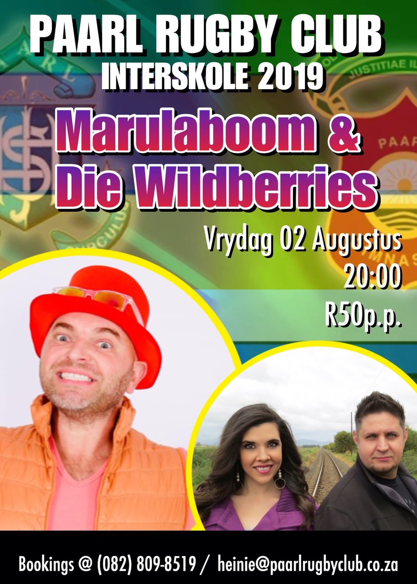 dieWildberries's tweet photo. Paarl Interskole 2019 is om die draai met @marulaboom &amp; @dieWildberries Vrydag 2 Augustus 20:00 by Paarl Rugby Club Pub &amp; Grub. 😎😎

Sien jou daar! 💃🕺🎶 https://t.co/nYCZvbjXr0