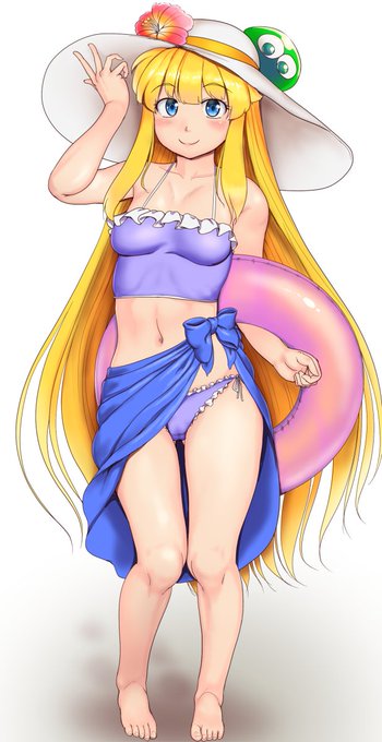 ぷよぷよウィッチ水着全身。
むちむちにしないよーに…むちむちにしないよーに…って意識して描きました。 