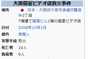 ただのん 過去最悪の放火事件は 大阪個室ビデオ店放火事件 死亡者16人 負傷者9人 今回まだ行方不明者数十人もいるし戦後最悪の放火事件になってしまうのかもしれない